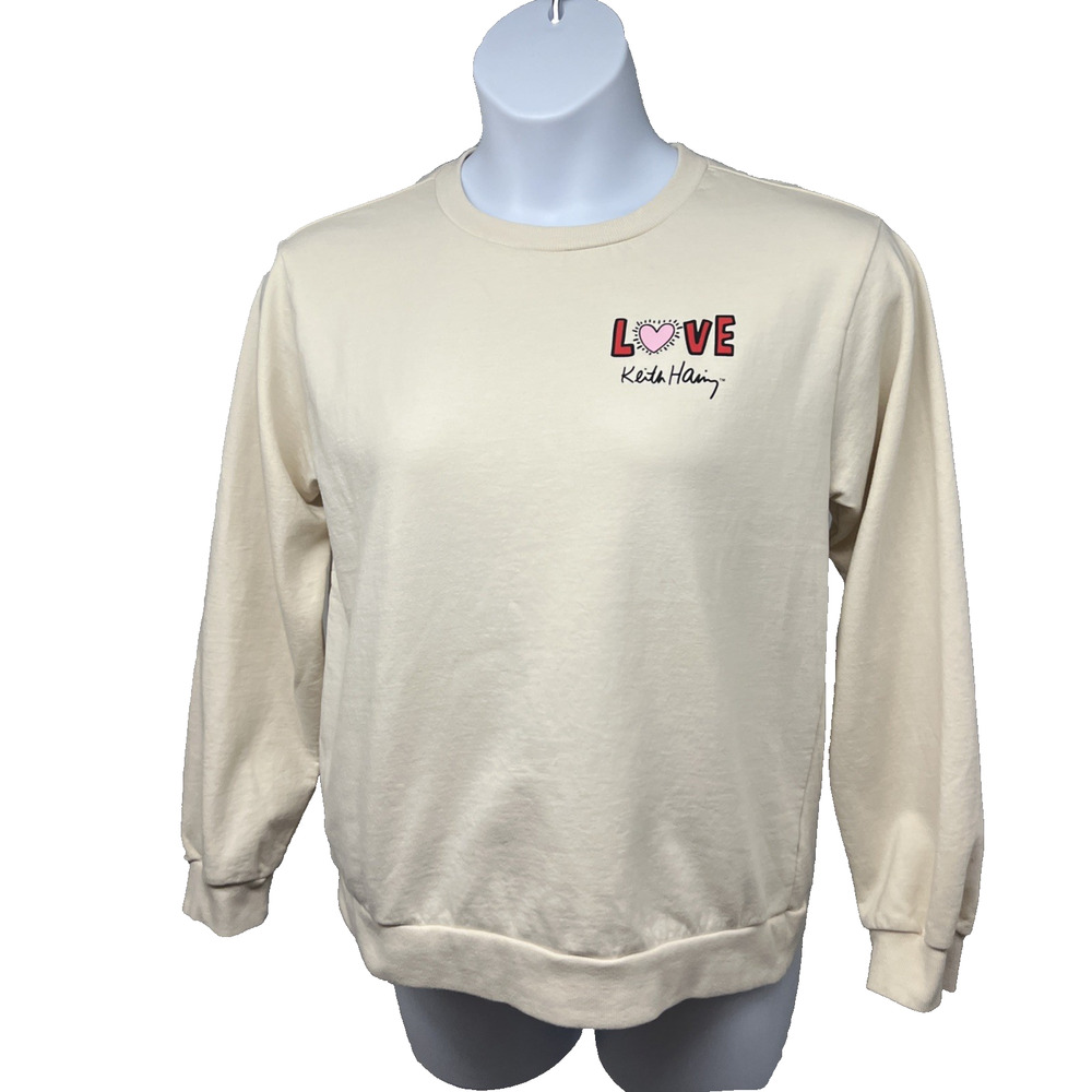 Keith Haring Dancing Heart Beige Graphic Pullover Sweatshirt Large Stretch - Picture 2 of 6